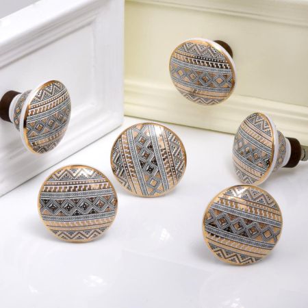 Golden Border Pattern Flat Ceramic Cabinet Knob - Pack of 6